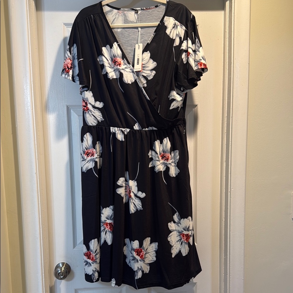 Elegant Black Floral Wrap Mini Dress